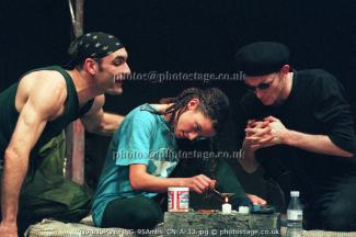 Michelle Gomez, Gavin Marshall and Peter Ireland in Trainspotting at the Ambassadors theatre