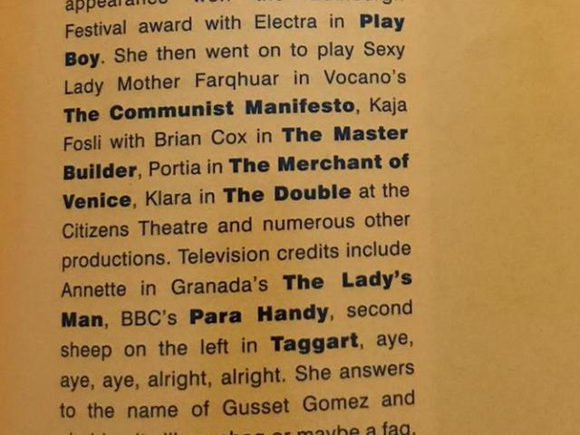 Michelle Gomez's bio from Trainspotting Theatre Programme at the Whitehall Theatre