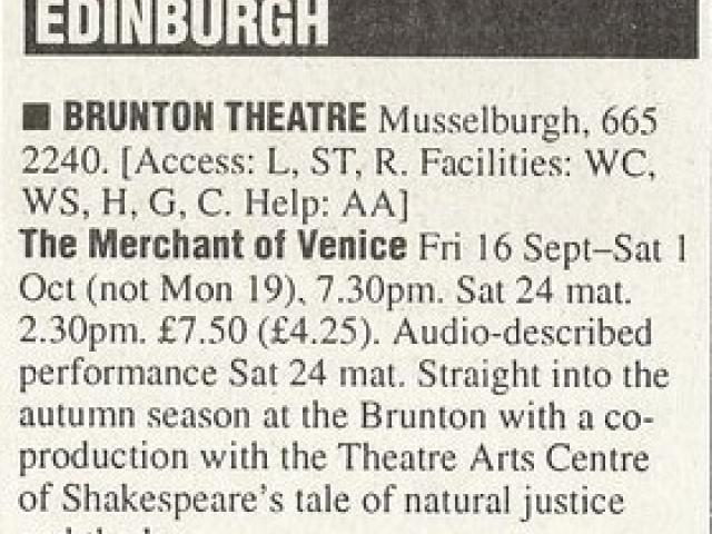 Theatre listing for The Merchant of Venice, The List, 9 Sep 1994