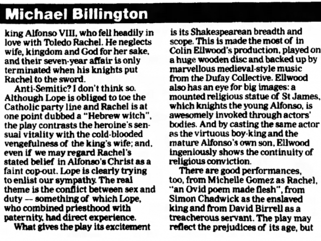 Theatre review, The Jewess of Toledo from The Guardian, 19 Feb 1997