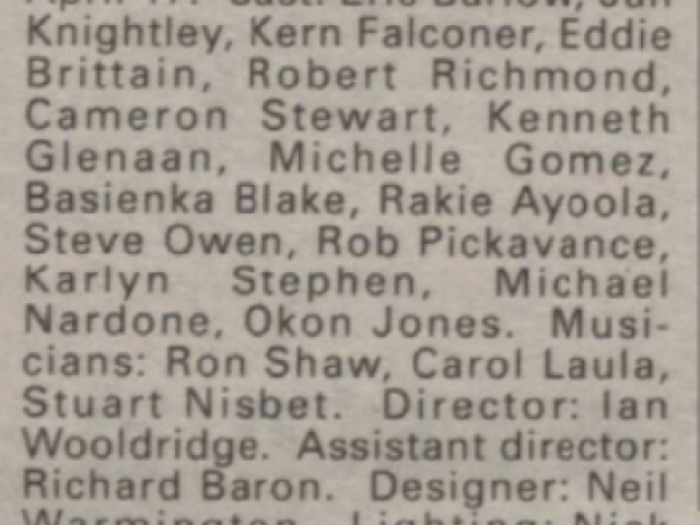 Listing for Merlin - The Search for the Grail with cast, The Stage, 1 Apr 1993