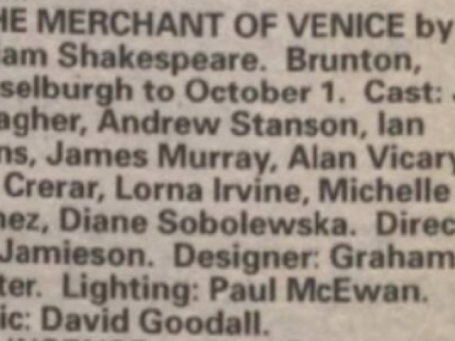 Clipping of The Merchant of Venice with cast, The Stage, 22 Sep 1994