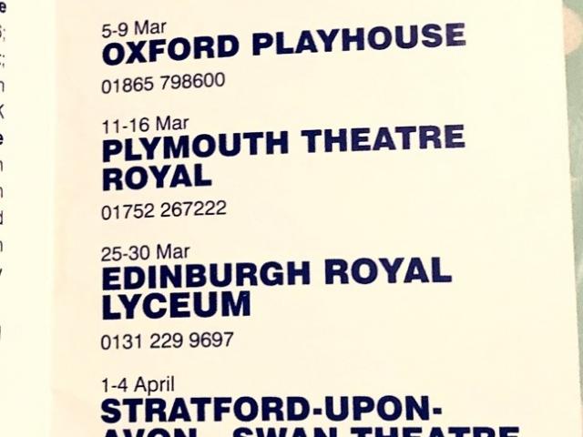Schedule from theatre programme of Trainspotting UK Tour