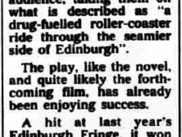 Press clipping announcing Trainspotting at the Dundee Repertory Theatre with Michelle Gomez as Alison, Dundee Courier, 9 Feb 1996