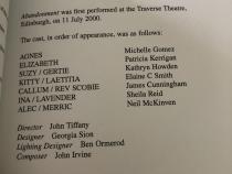 Cast list of the original performance showing Michelle Gomez as Agnes, from 'Abandonment' by Kate Atkinson