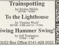 Clipping advertising Trainspotting at the Citizens Theatre, The List, 24 Feb 1995
