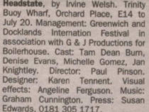 Listing for Headstate at the Greenwich & Docklands Festival in The Stage, 10 July 1997